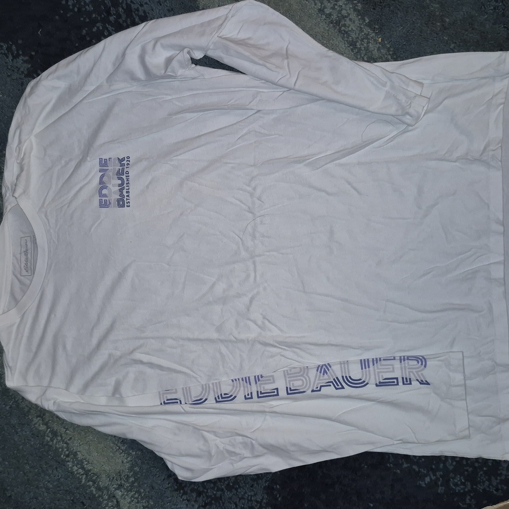 💥5/35 Mens Eddie Bauer White and Blue Logo Long Sleeve Tee Size XLT